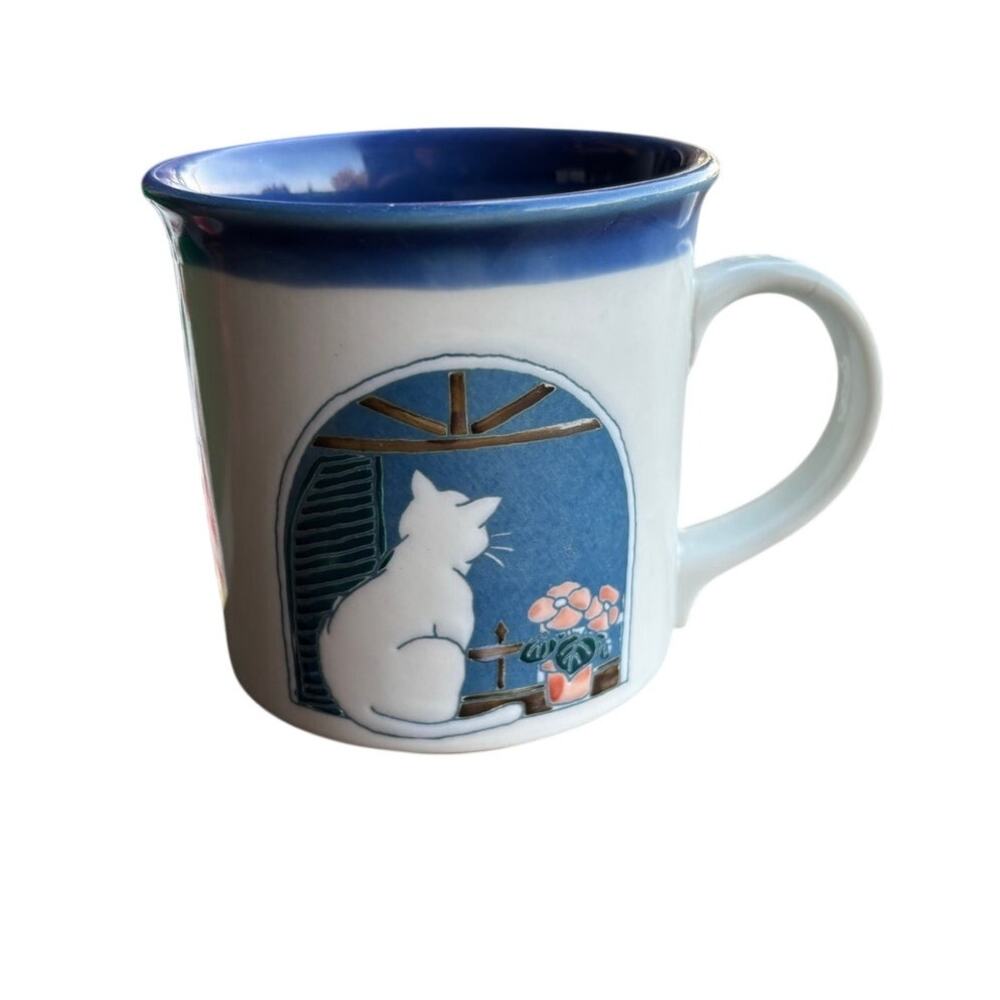 Vintage Otagiri Japan Cat Mug Blue White Kitten Window Ceramic Coffee Cup